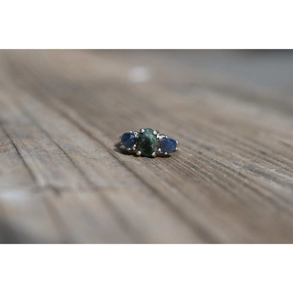 Engagement ring Emerald and Burmese Sapphire Unique  Raw Bohemian Jewelry Size 5